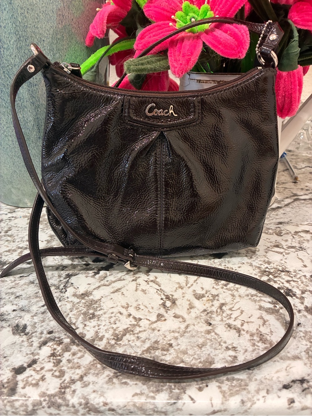 Coach Ashley Patent Leather Brown Mahogany Crossbody Purse Bag Shoulder Silver H